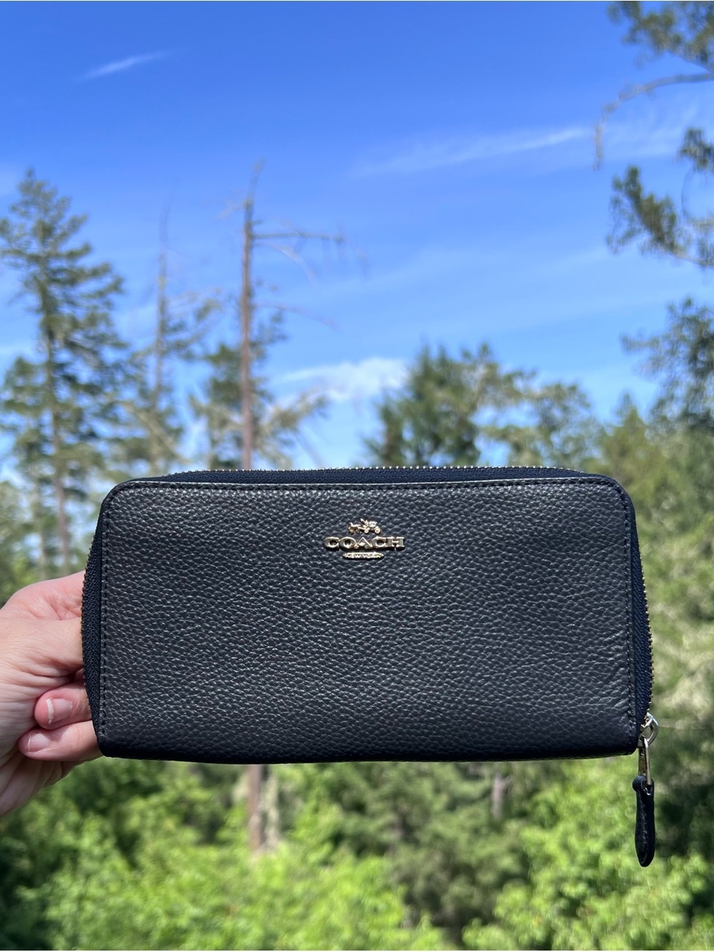 COACH Long Zip-Around Navy Pebble Leather Wallet with Gold Hardware AUTHENTIC